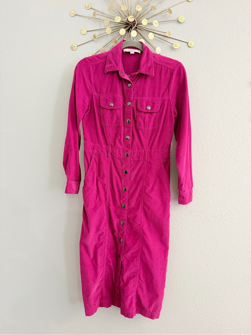 LOFT Fuchsia Button-Down Long Sleeve Midi Dress